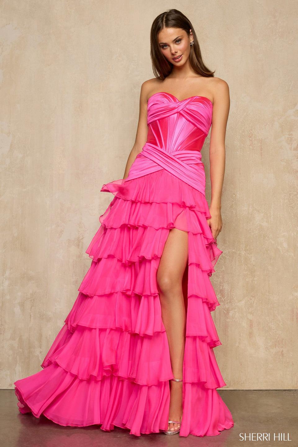 Sherri Hill Strapless A-line Gown With Drop Waist Stretch Satin Corset Bodice And A Chiffon Ruffle Skirt With Slit