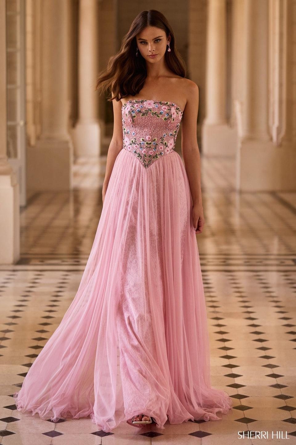 sherri hill Strapless A-line gown with embroidered bodice and chiffon skirt with lace underneath
