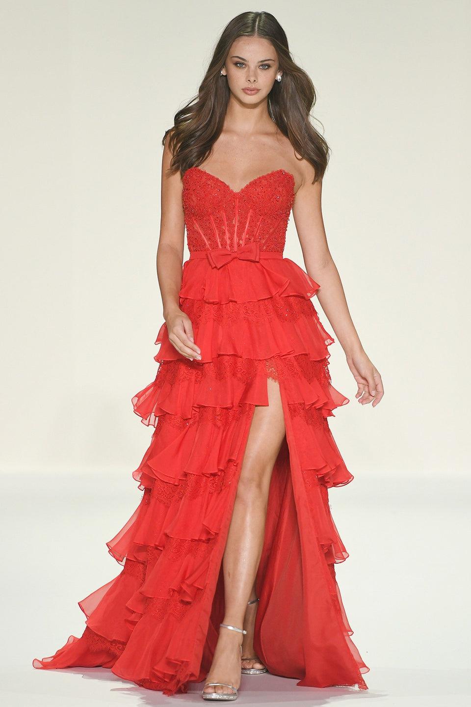 sherri hill Strapless A-line gown with ruffle chiffon/lace skirt and slit