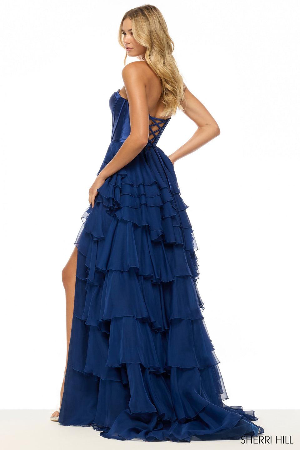 Sherri Hill Strapless A-line Gown With Stretch Satin Corset Bodice And Chiffon Ruffle Gown With Skirt Slit