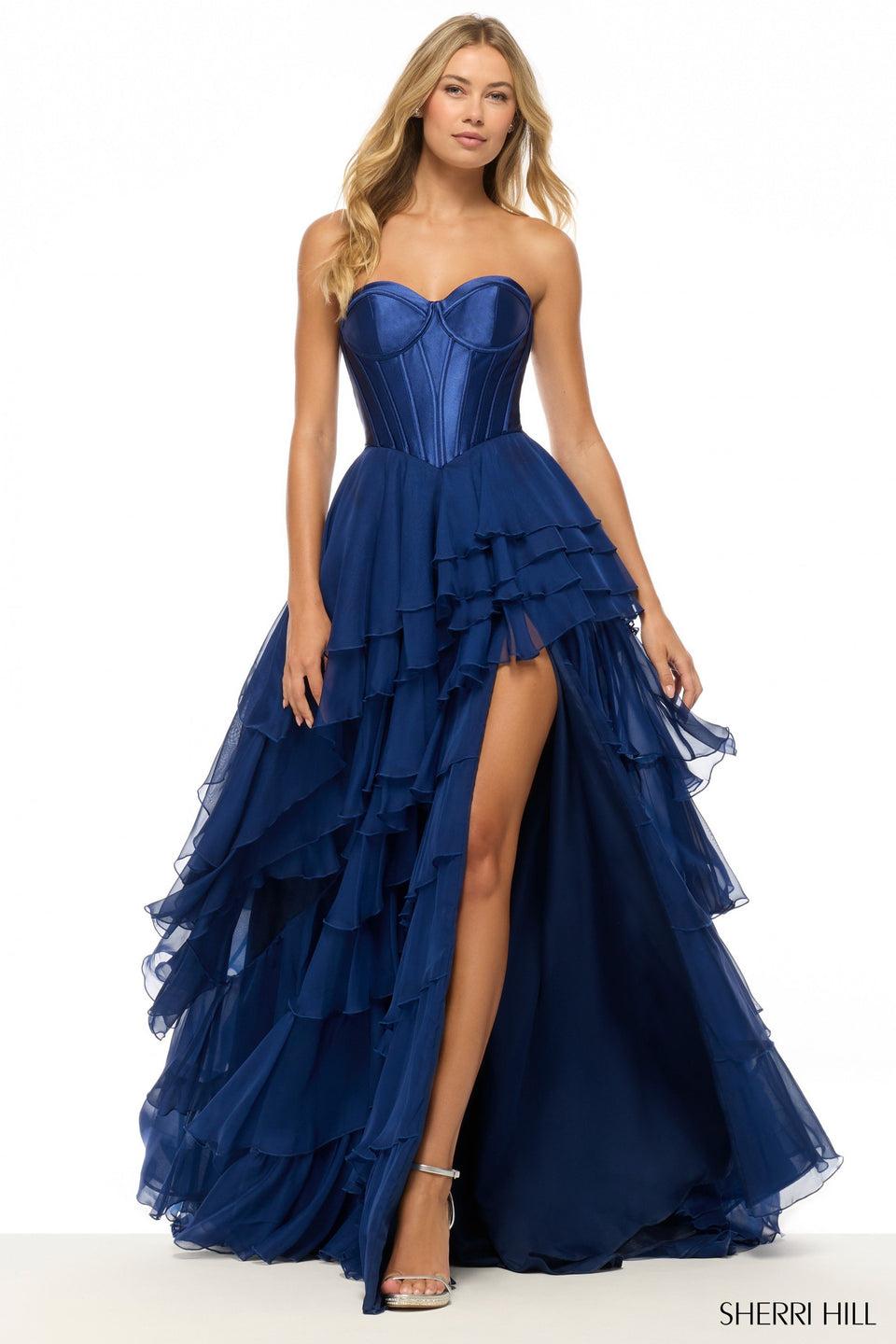 sherri hill Strapless A-line gown with stretch satin corset bodice and chiffon ruffle gown with skirt slit