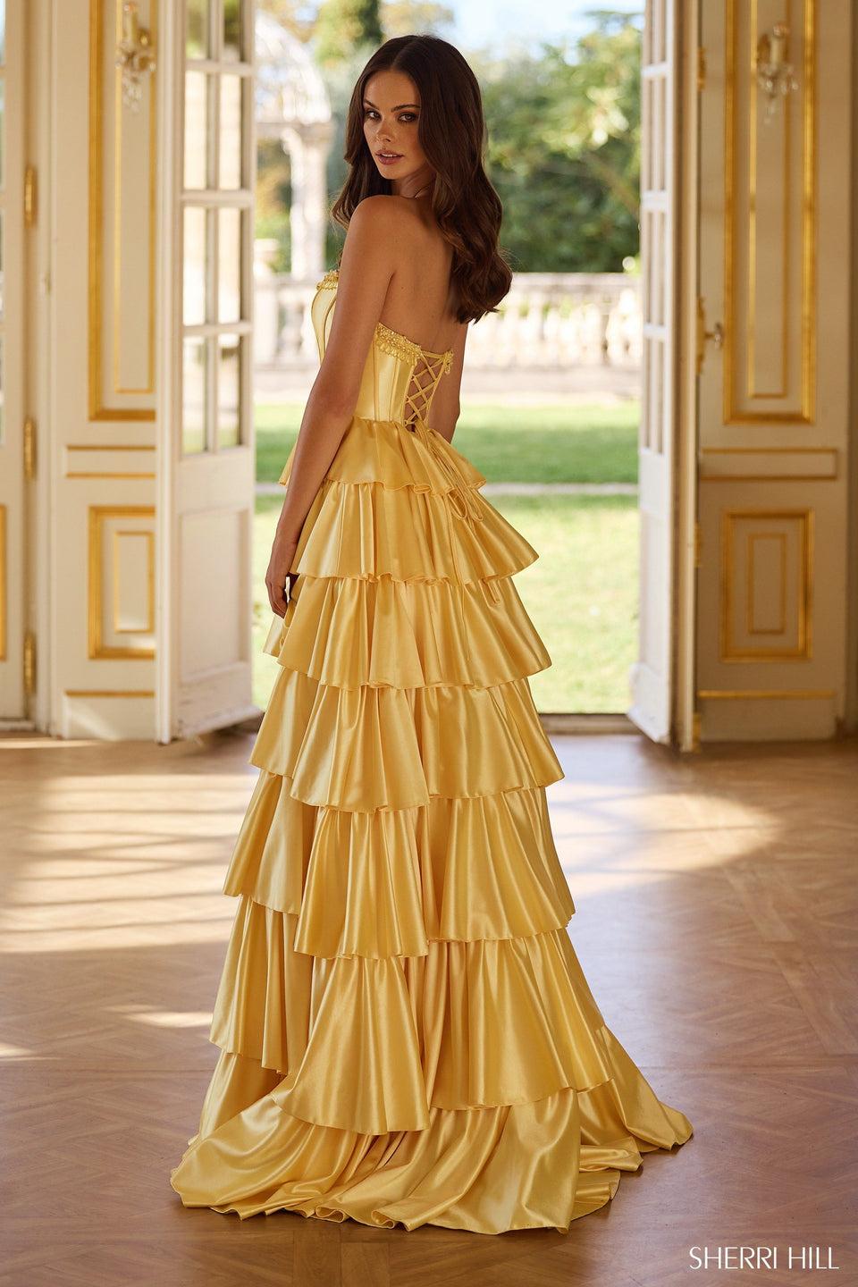 Sherri Hill Strapless A-Line Ruffle Gown With Lace Up Back