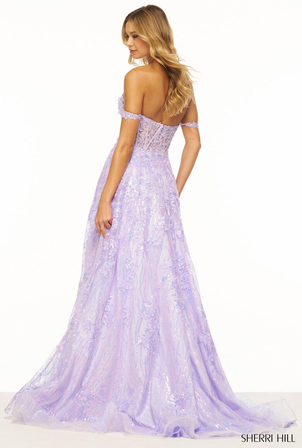 Sherri Hill Strapless A-line Sequin Lace Gown With Corset Bodice Skirt Slit And Detachable Sleeve Straps