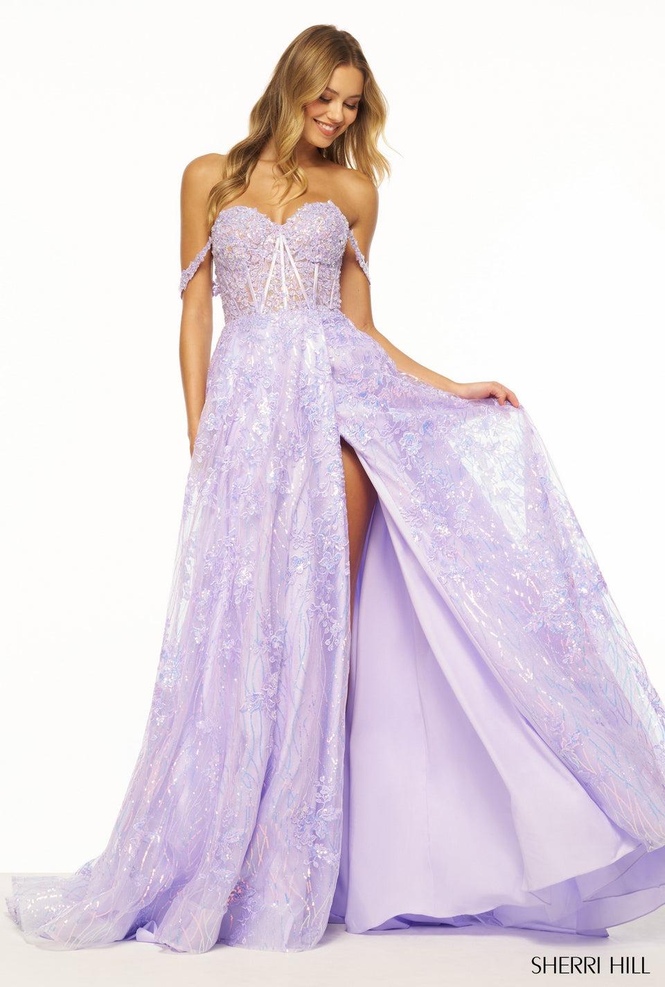 sherri hill Strapless A-line sequin lace gown with corset bodice skirt slit and detachable sleeve straps