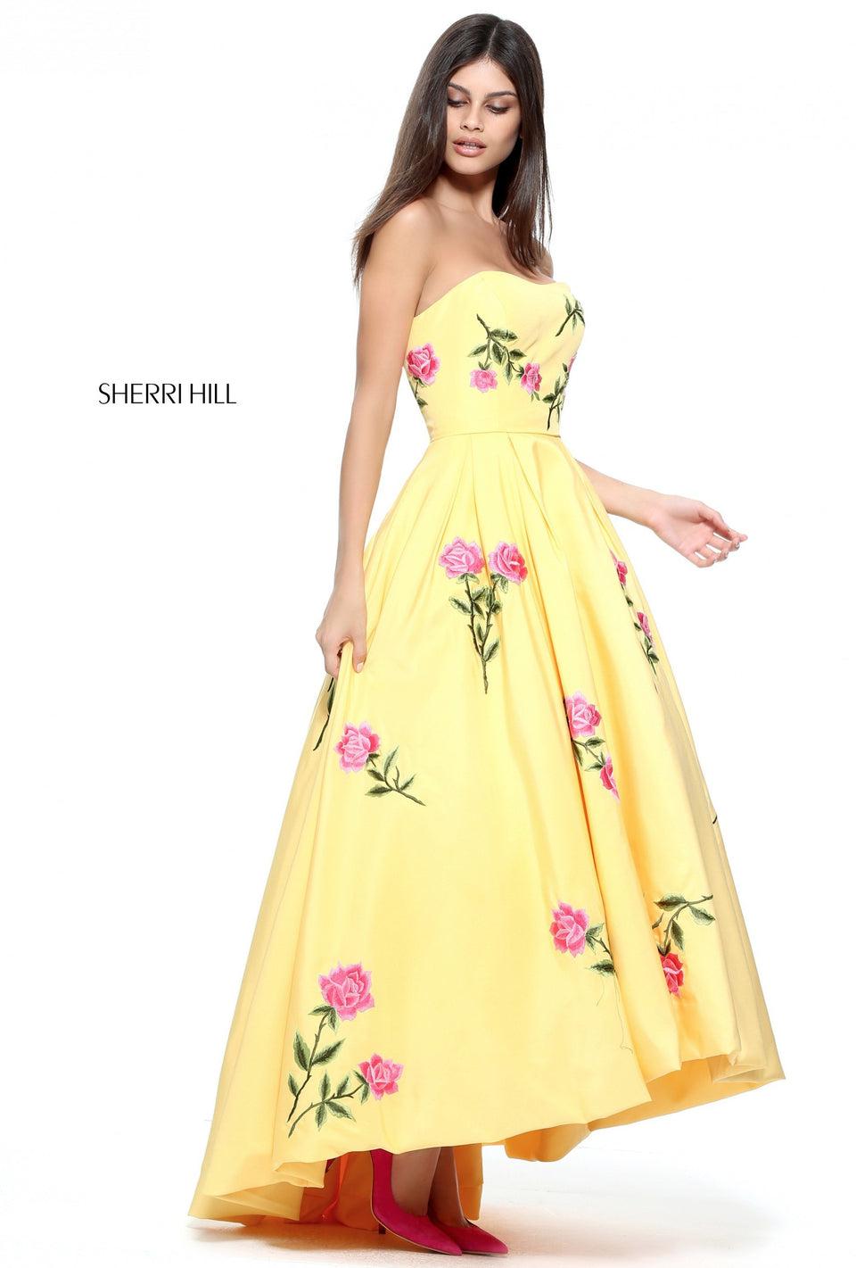 Sherri Hill Strapless Audrey Length Gown With Embroidered Flowers