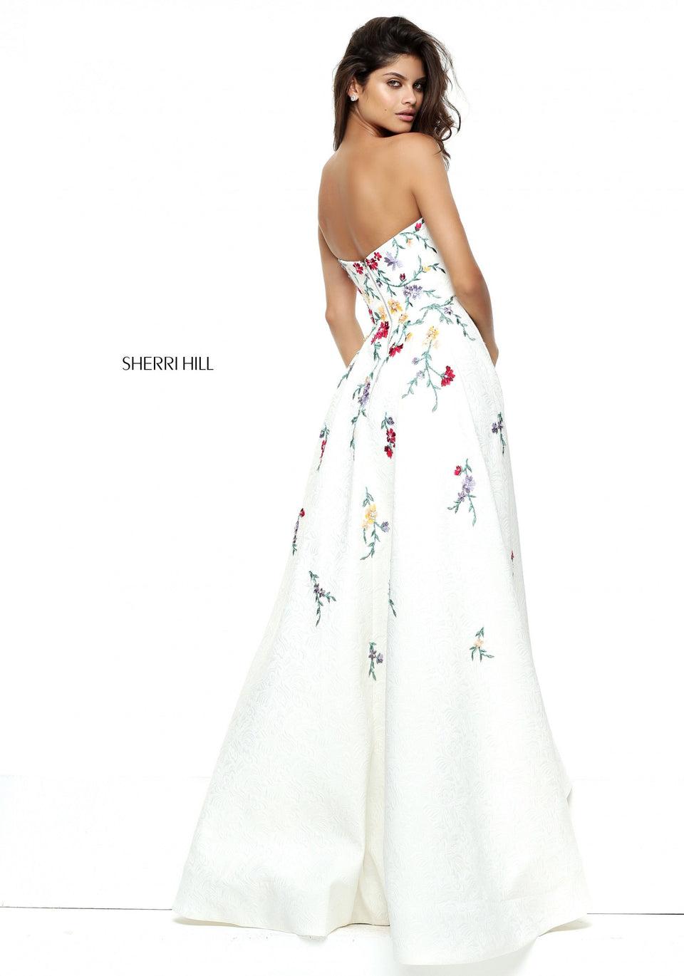 Sherri Hill Strapless Audrey Length Gown With Embroidered Flowers