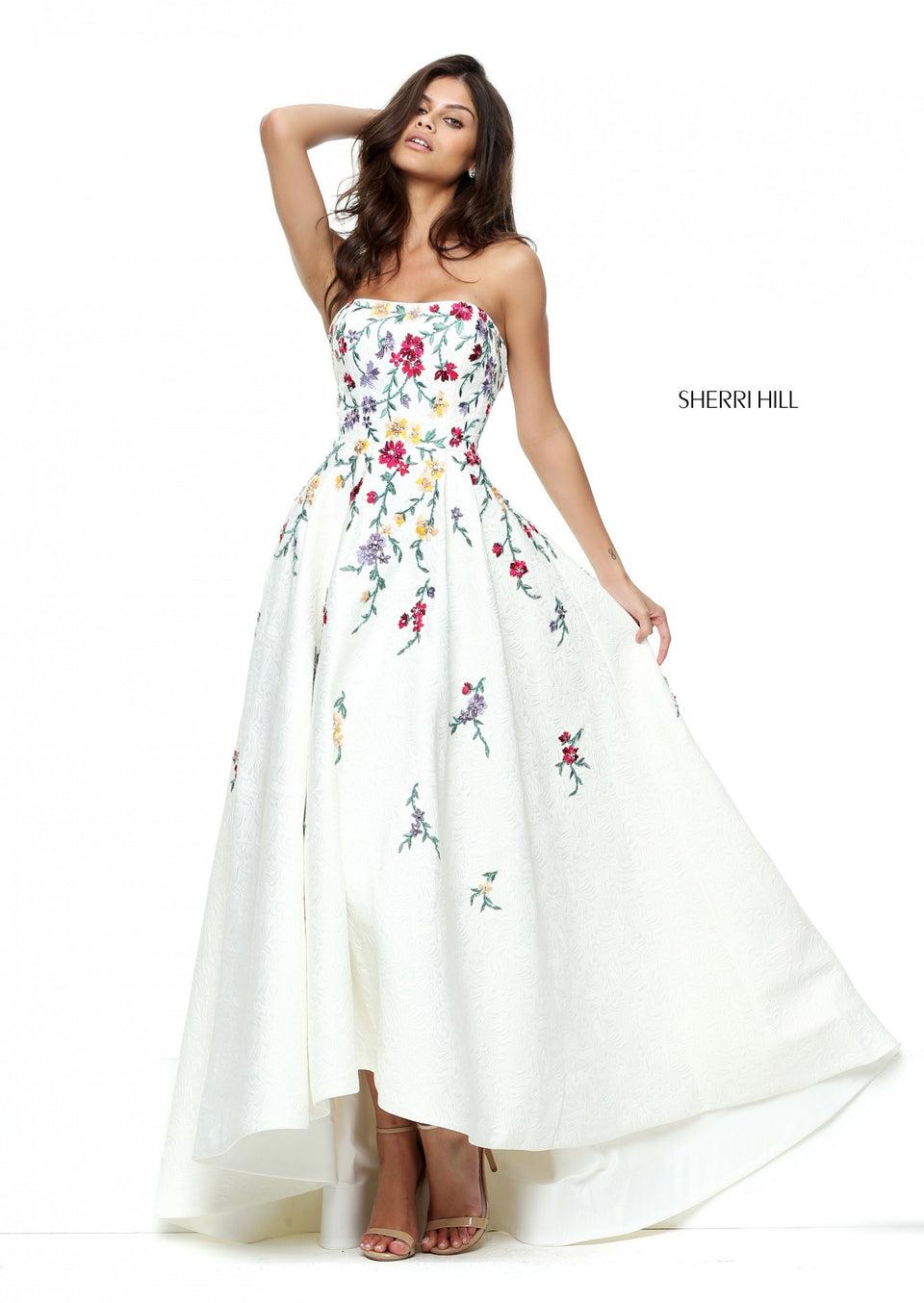 Sherri Hill Strapless Audrey Length Gown With Embroidered Flowers