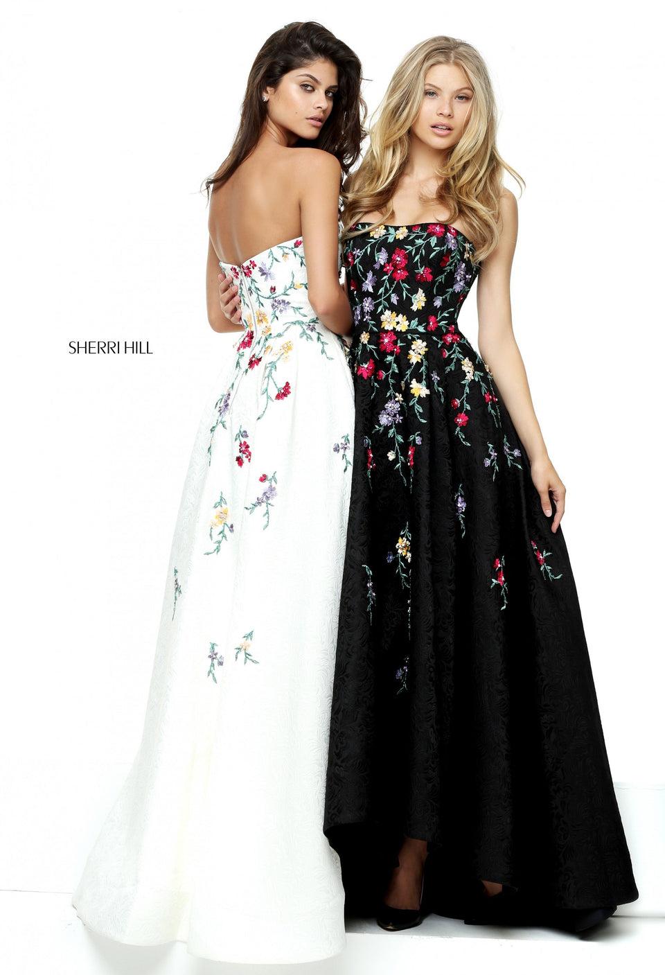 sherri hill Strapless Audrey length gown with embroidered flowers