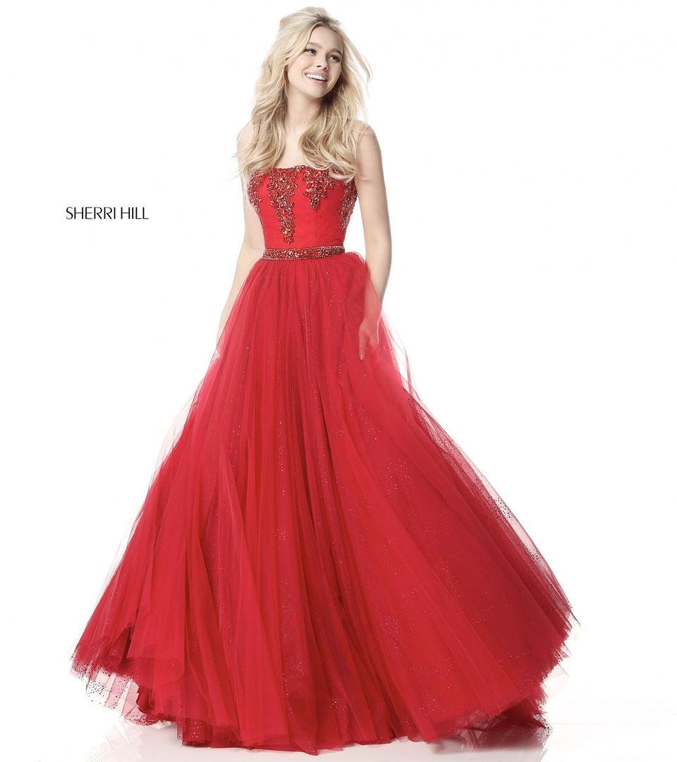 Sherri Hill Strapless Ball Gown With Bead Appliqued Bodice And Tulle Skirt
