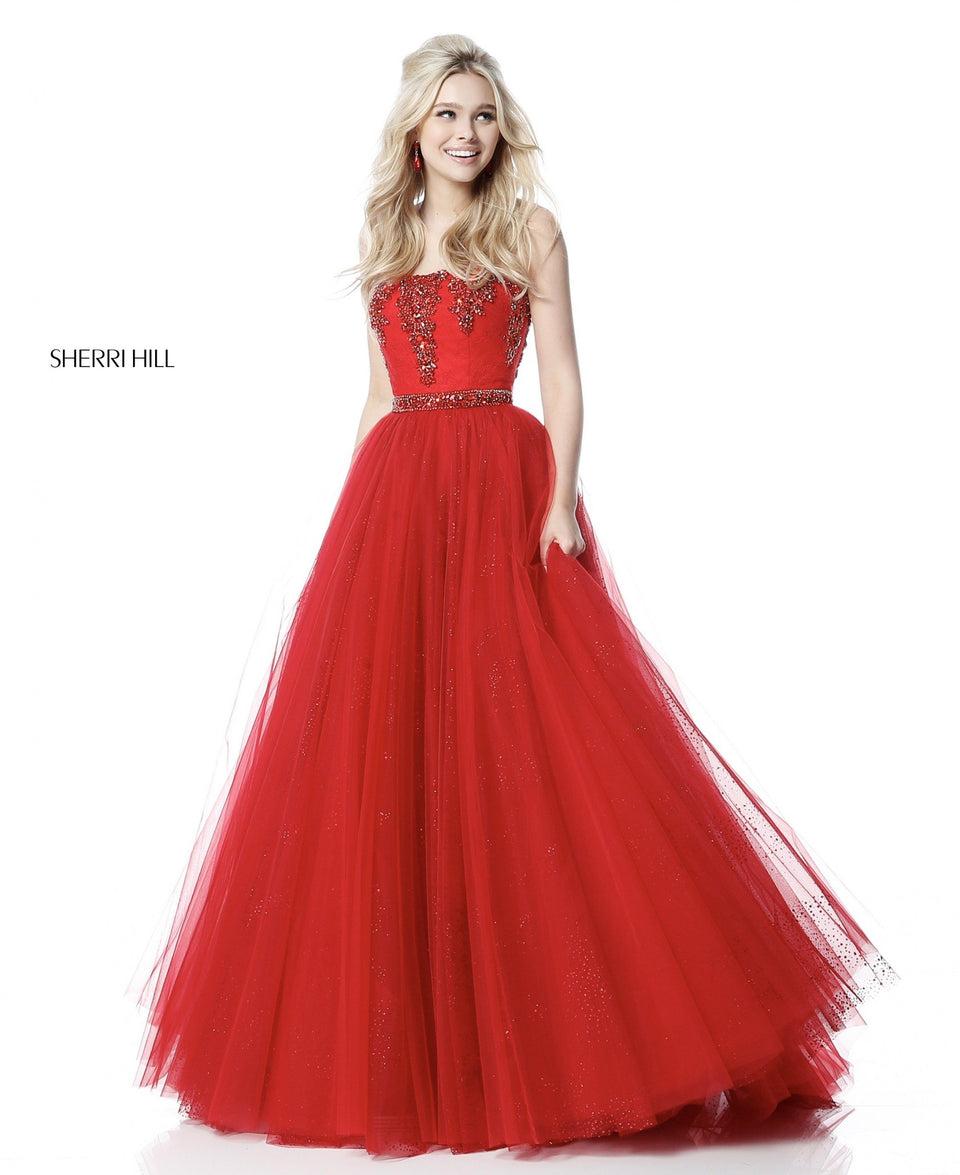 sherri hill Strapless ball gown with bead appliqued bodice and tulle skirt