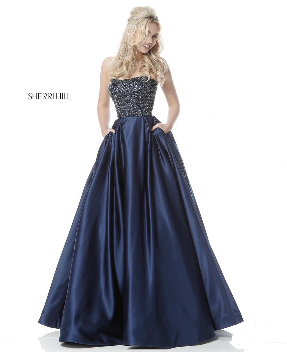 Sherri Hill Strapless Ball Gown With Beaded Bodice And Satin Skirt