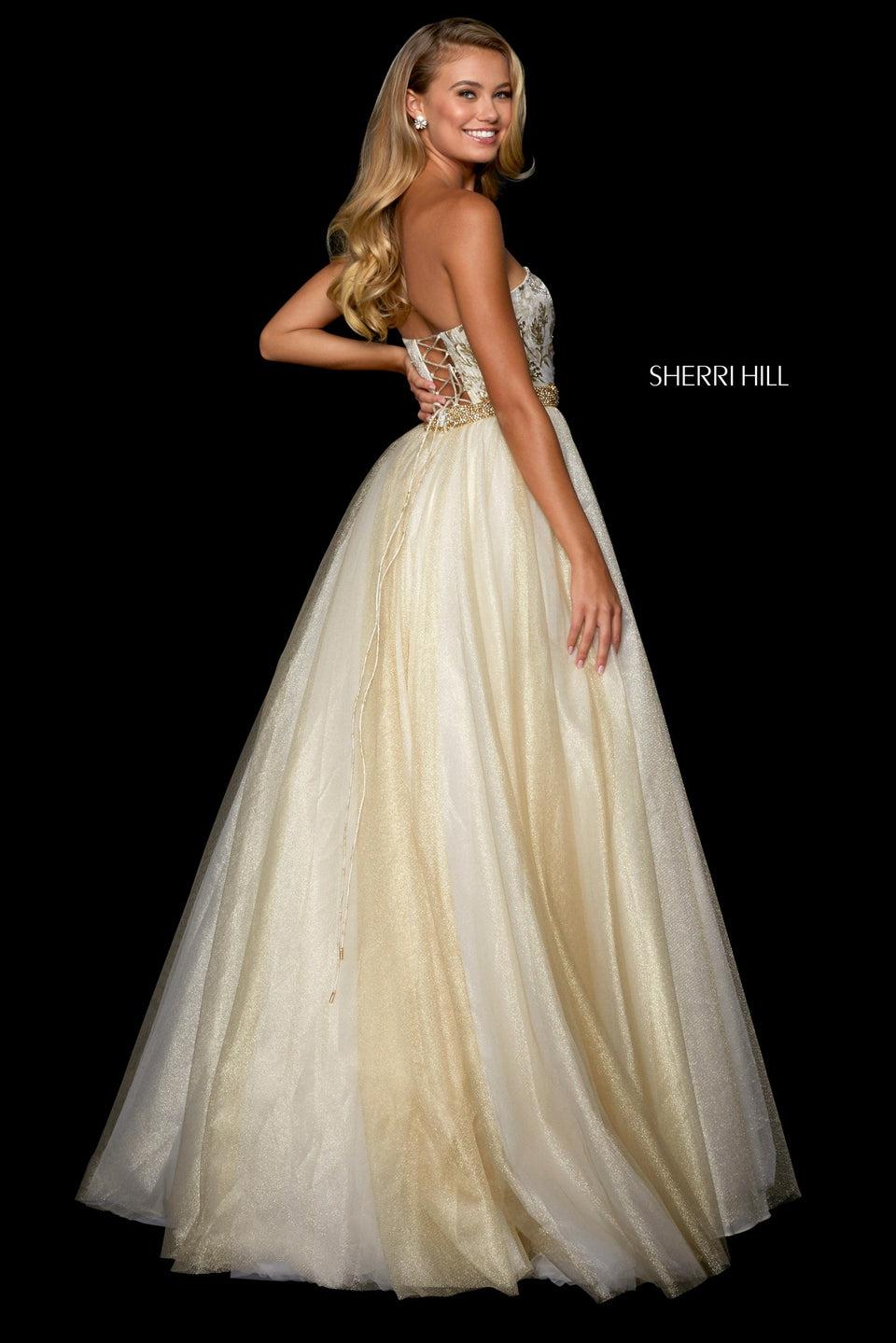 Sherri Hill Strapless Ball Gown With Brocade Bodice With Lace Up Back And Glitter Tulle Skirt
