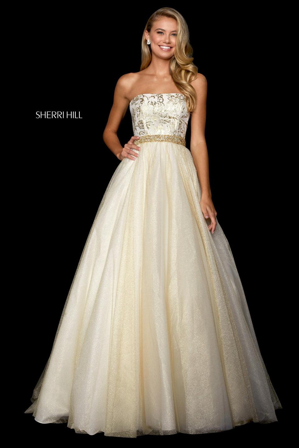 sherri hill Strapless ball gown with brocade bodice with lace up back and glitter tulle skirt