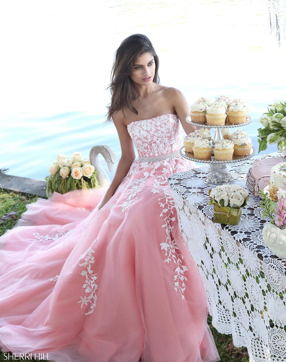 Sherri Hill Strapless Ball Gown With Ivy Lace Bodice And A Beaded Waist Band