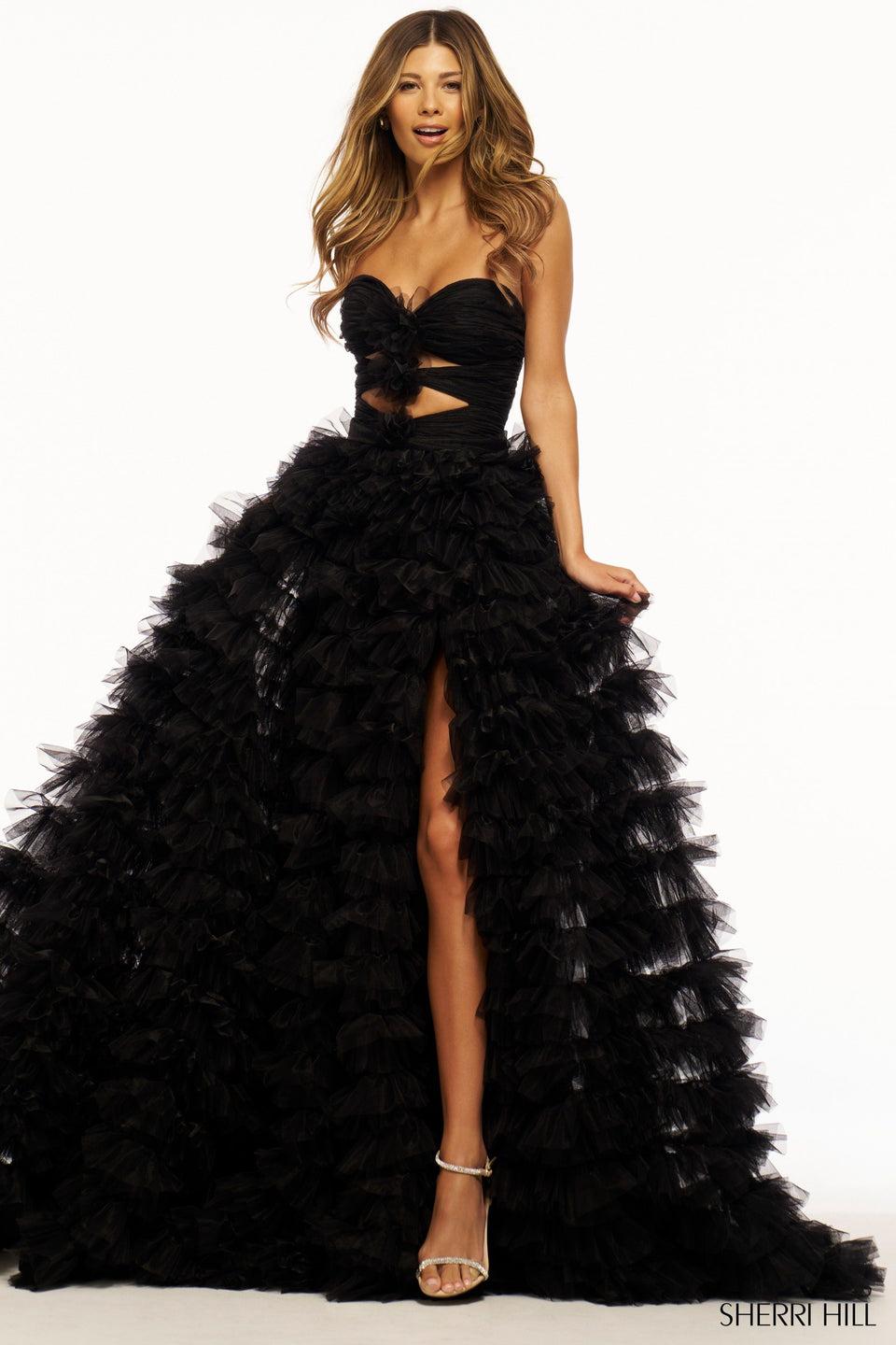 Sherri Hill Strapless Ball Gown With Key Holes Rosette Embellishments And A Tulle Ruffle Skirt With Slit