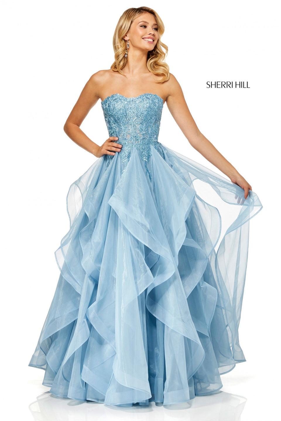 Sherri Hill Strapless Ball Gown With Layered Ruffle Organza Skirt And Beaded Metallic Lace Bodice
