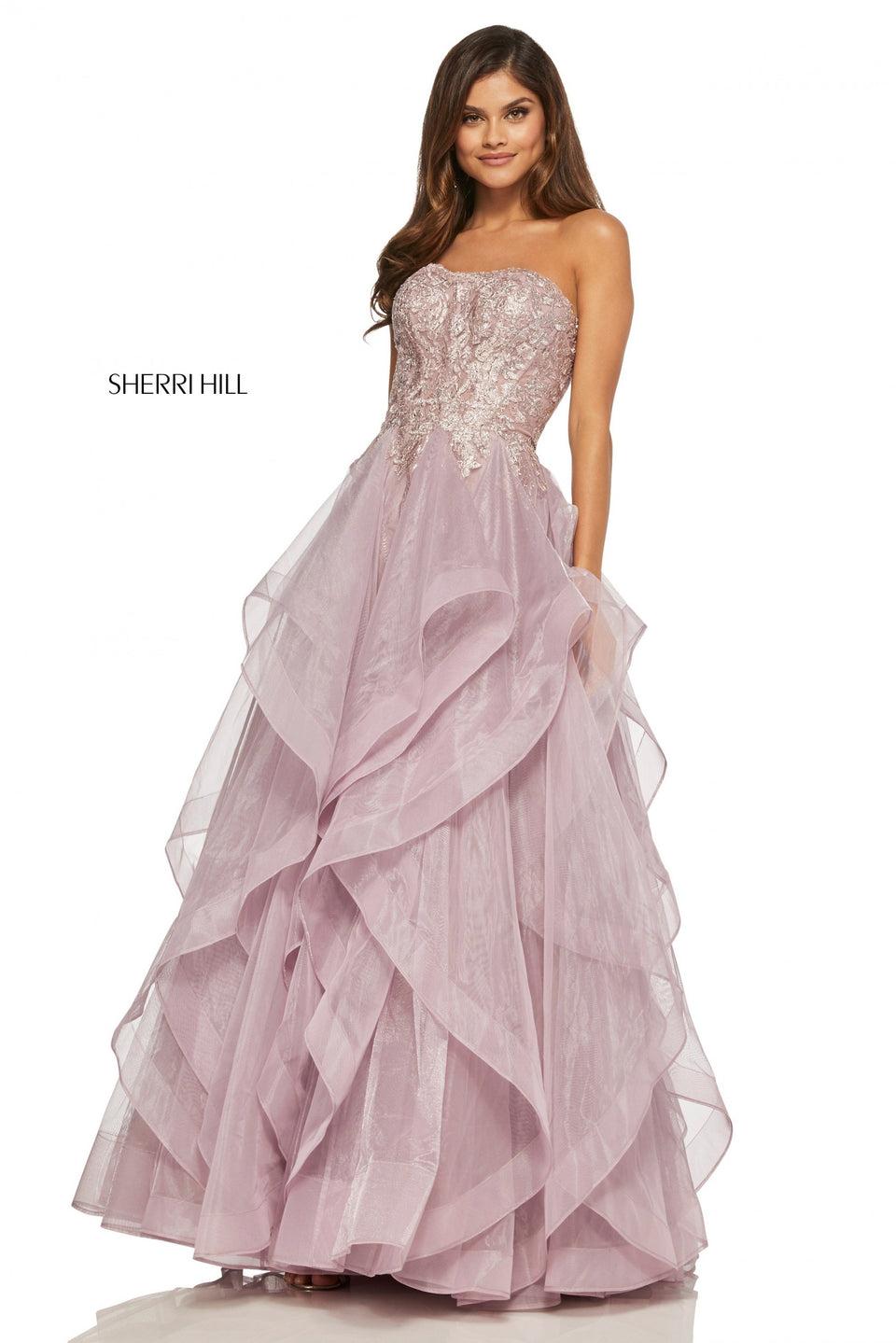 sherri hill Strapless ball gown with layered ruffle organza skirt and beaded metallic lace bodice