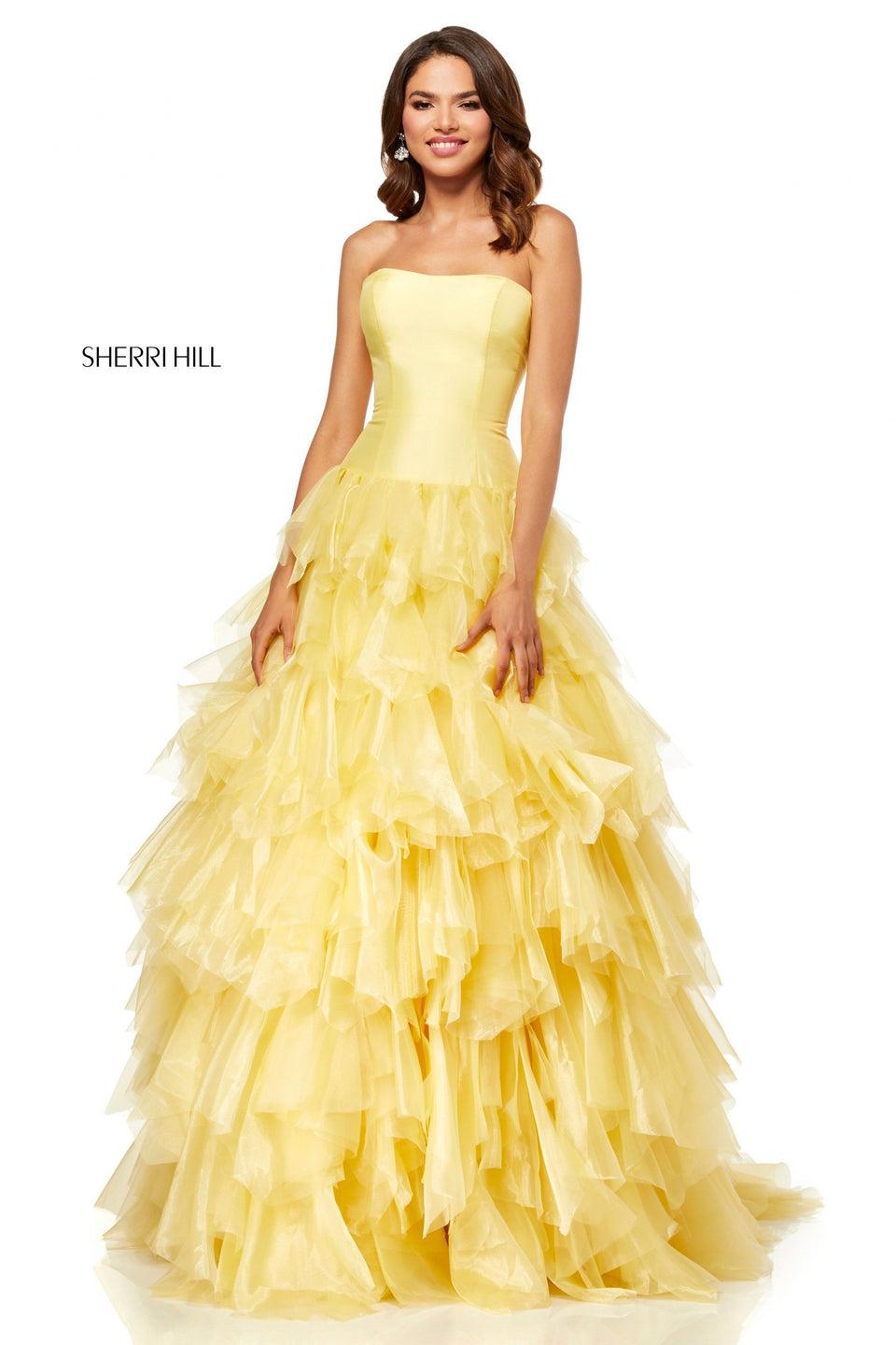 Sherri Hill Strapless Ball Gown With Taffeta Drop Waist And Tulle Ruffle Skirt