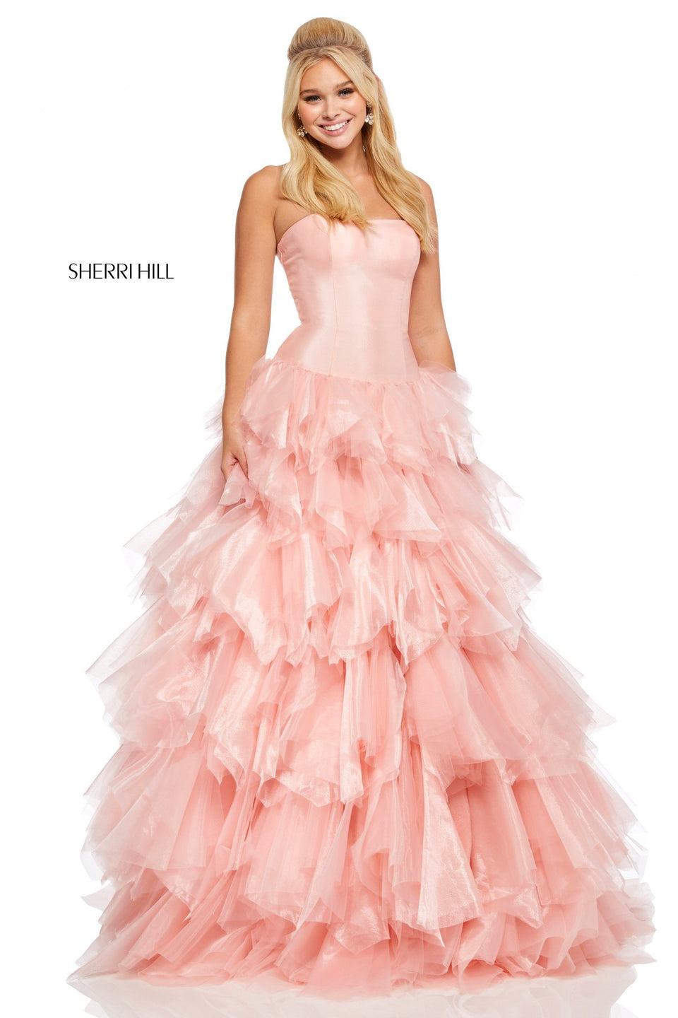 sherri hill Strapless ball gown with taffeta drop waist and tulle ruffle skirt