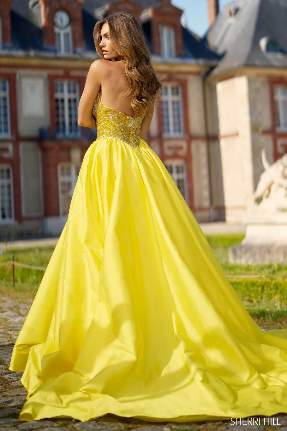 Sherri Hill Strapless Ballgown With Beaded Bodice And A Taffeta Skirt With Slit