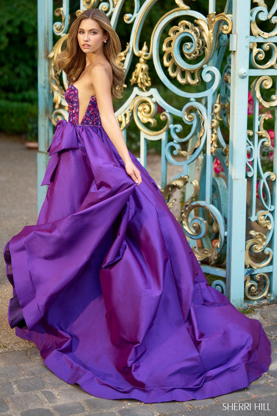 Sherri Hill Strapless Ballgown With Beaded Bodice And Taffeta Skirt With Bow And Slit