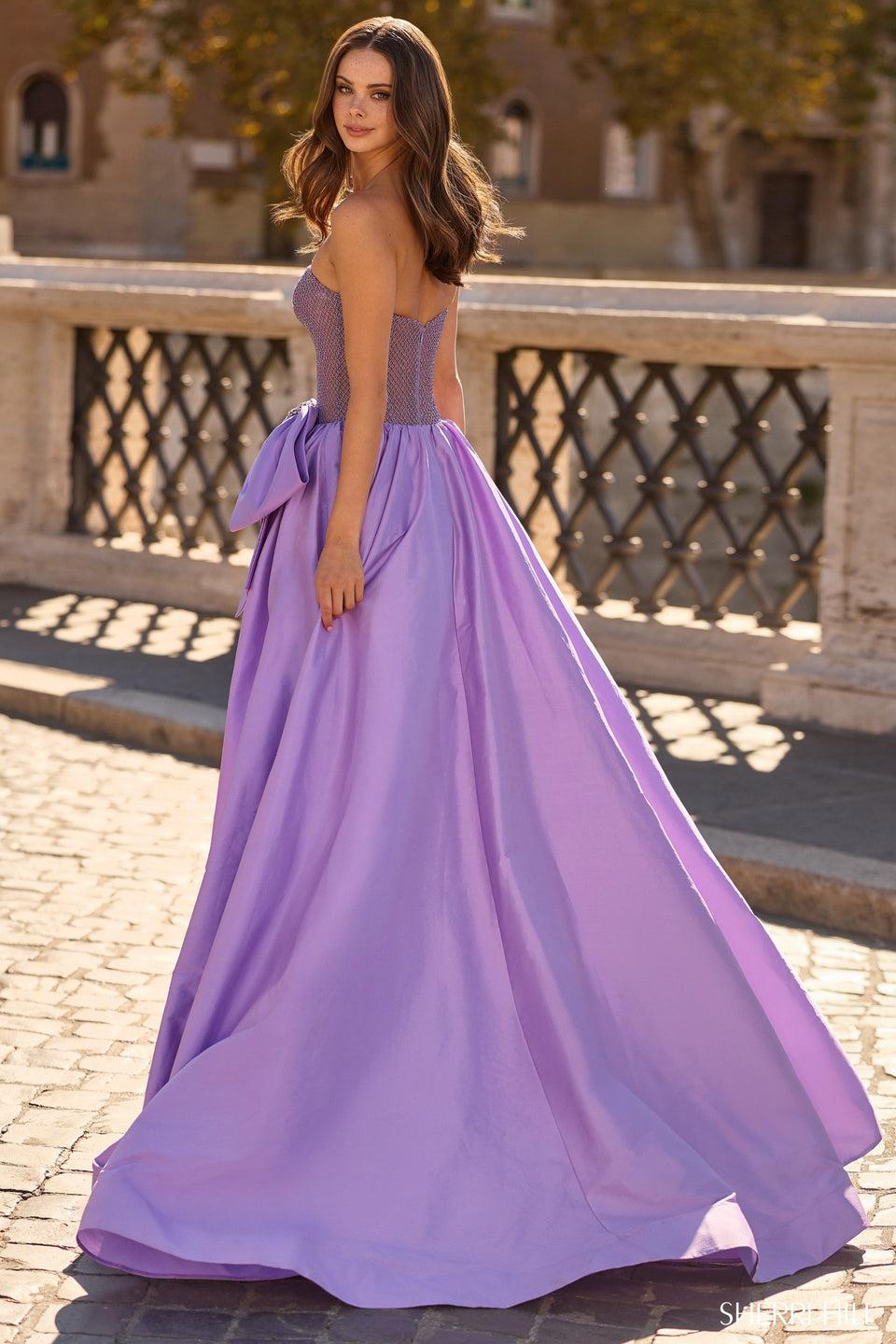 Sherri Hill Strapless Ballgown With Beaded Bodice Bow And Taffeta Skirt