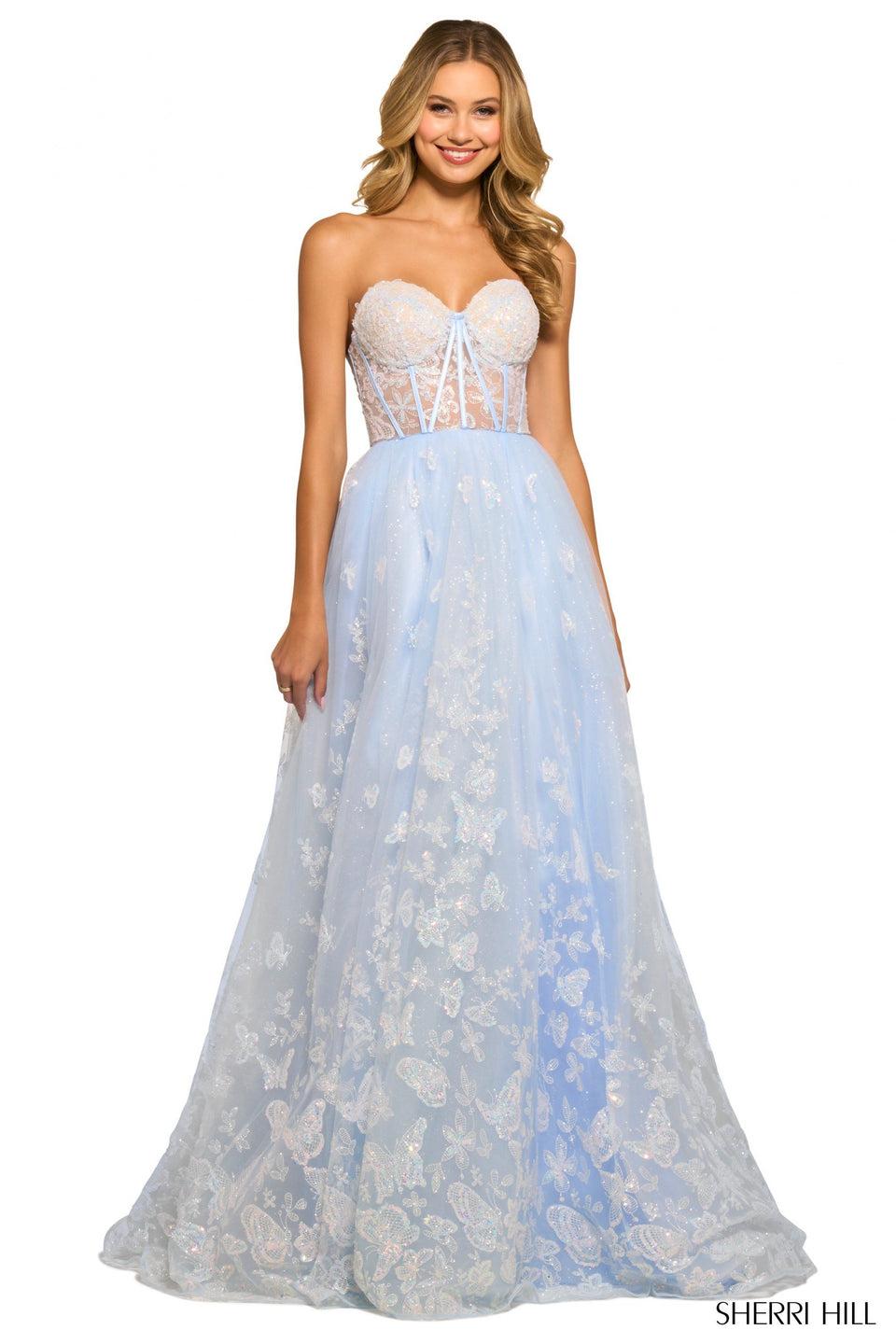 sherri hill Strapless ballgown with butterfly sequin embellishments and sheer corset top
