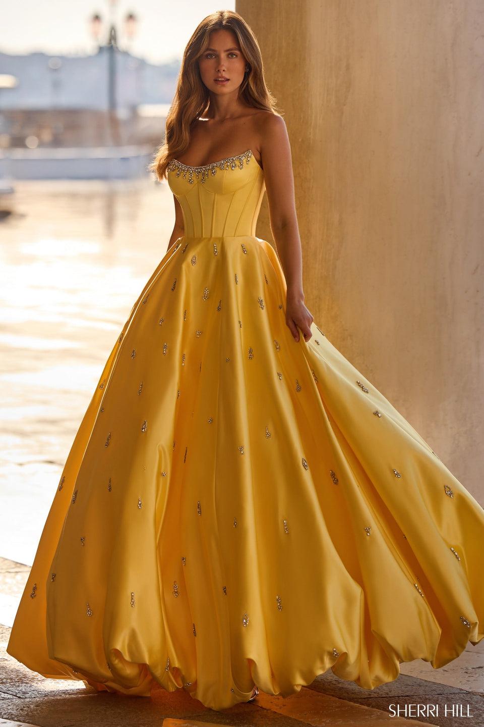 Sherri Hill Strapless Ballgown With Corset Bodice And A Bubble Skirt