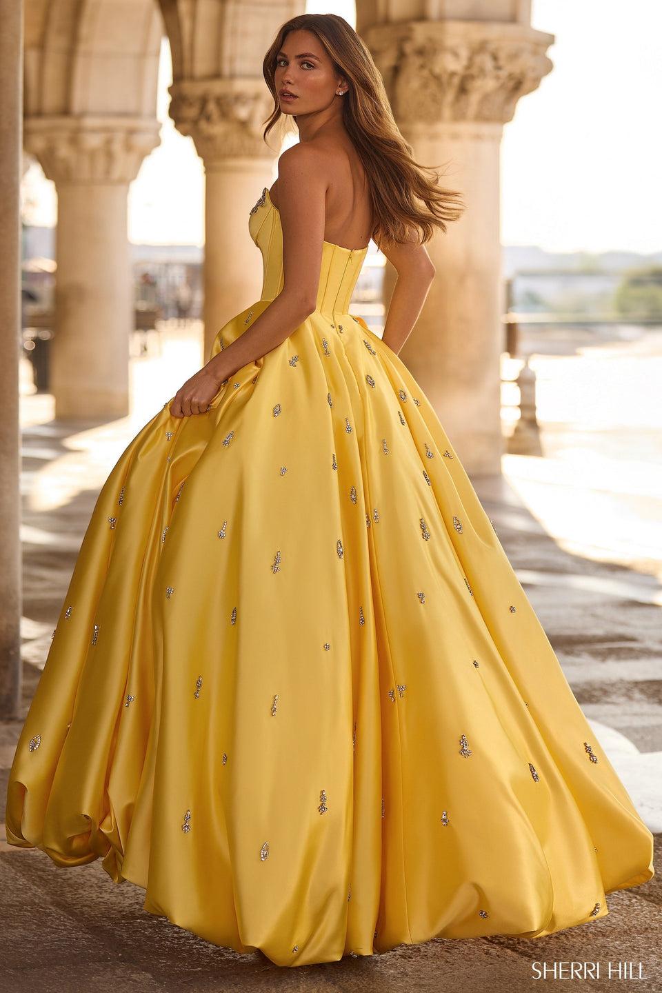 Sherri Hill Strapless Ballgown With Corset Bodice And A Bubble Skirt