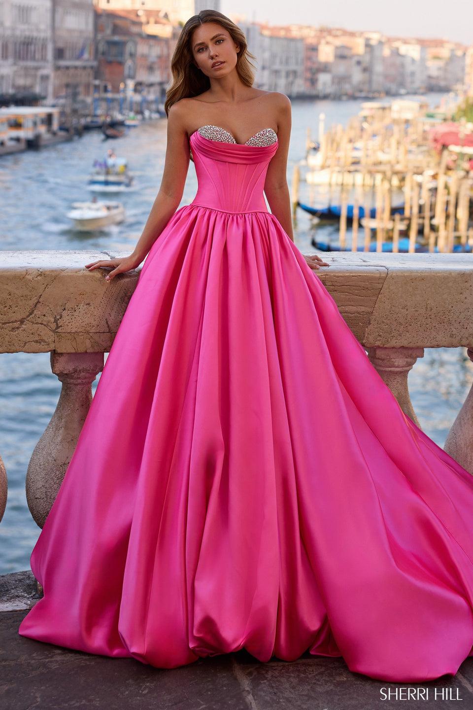 sherri hill Strapless ballgown with corset bodice and bead embellishments