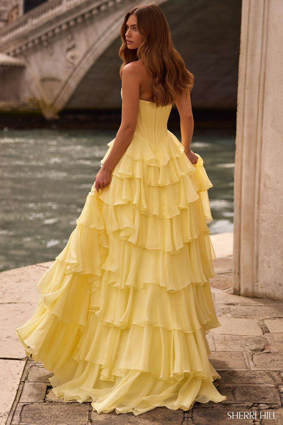 Sherri Hill Strapless Ballgown With Corset Bodice And Chiffon Ruffle Skirt With Slit