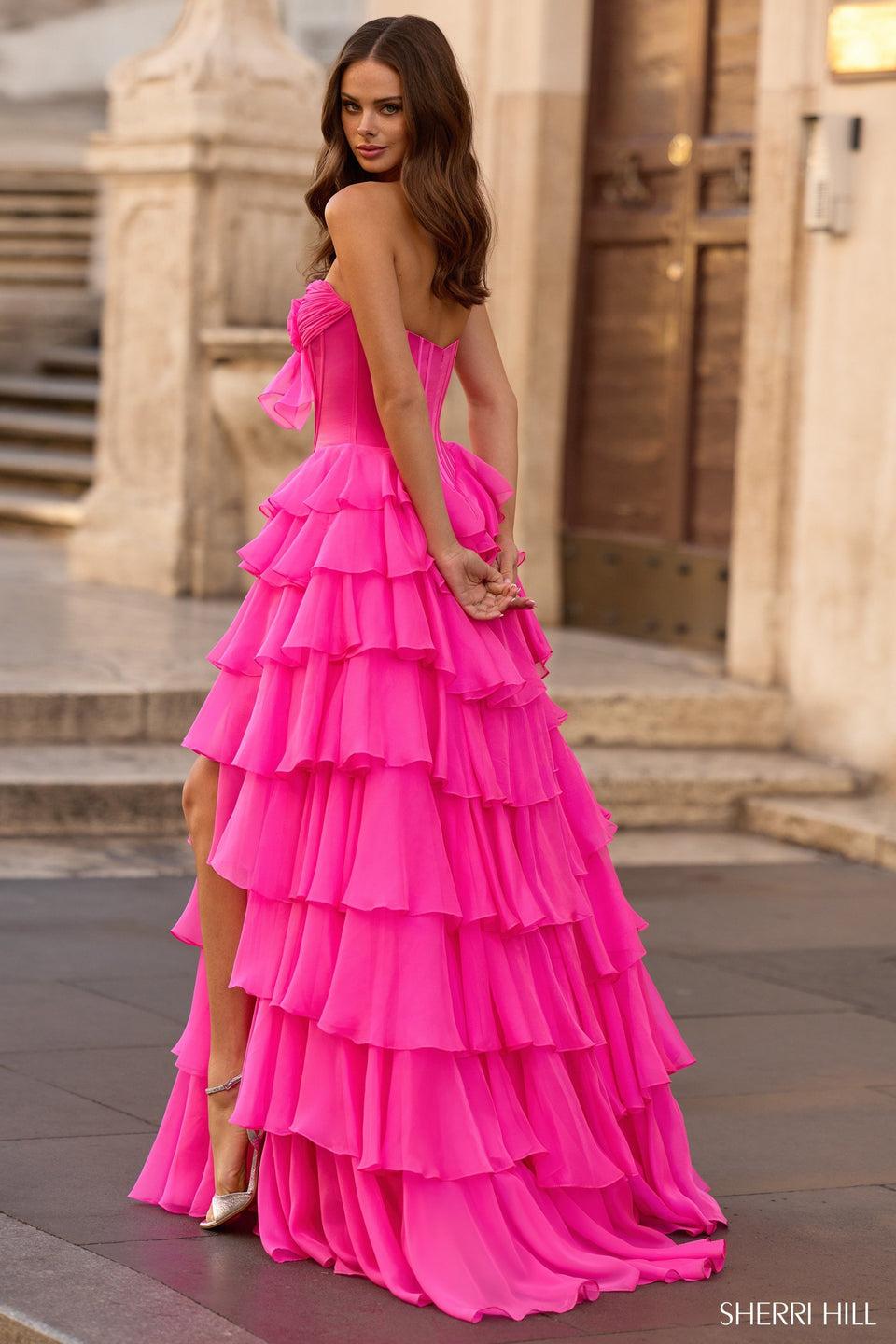 Sherri Hill Strapless Ballgown With Corset Bodice And Chiffon Ruffle Skirt With Slit