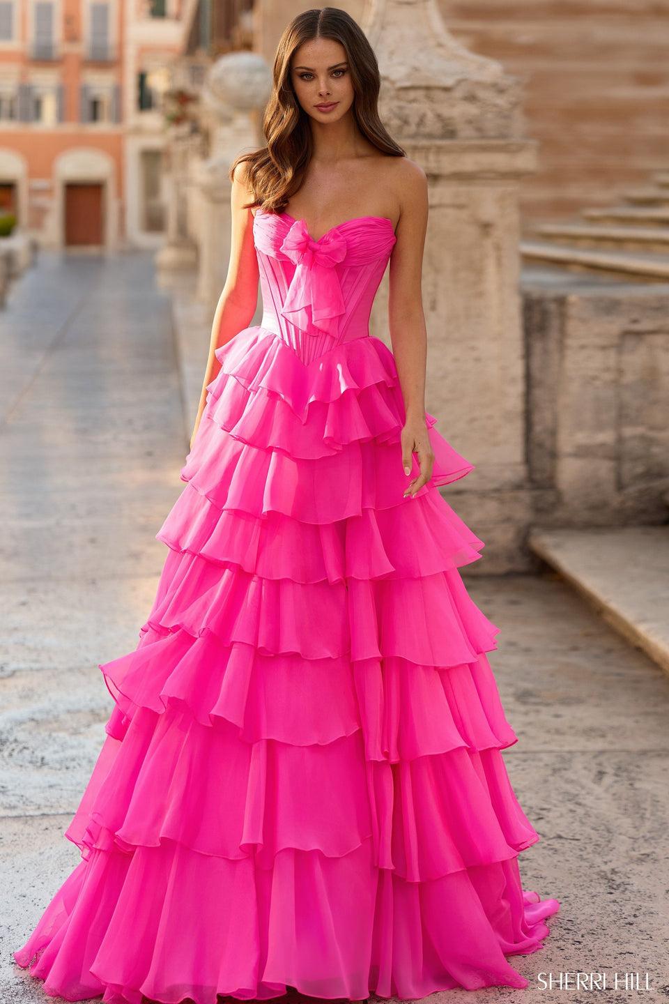 Sherri Hill Strapless Ballgown With Corset Bodice And Chiffon Ruffle Skirt With Slit