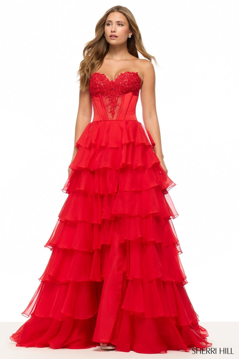 sherri hill Strapless ballgown with corset bodice leaf lace details and a chiffon ruffle skirt with slit