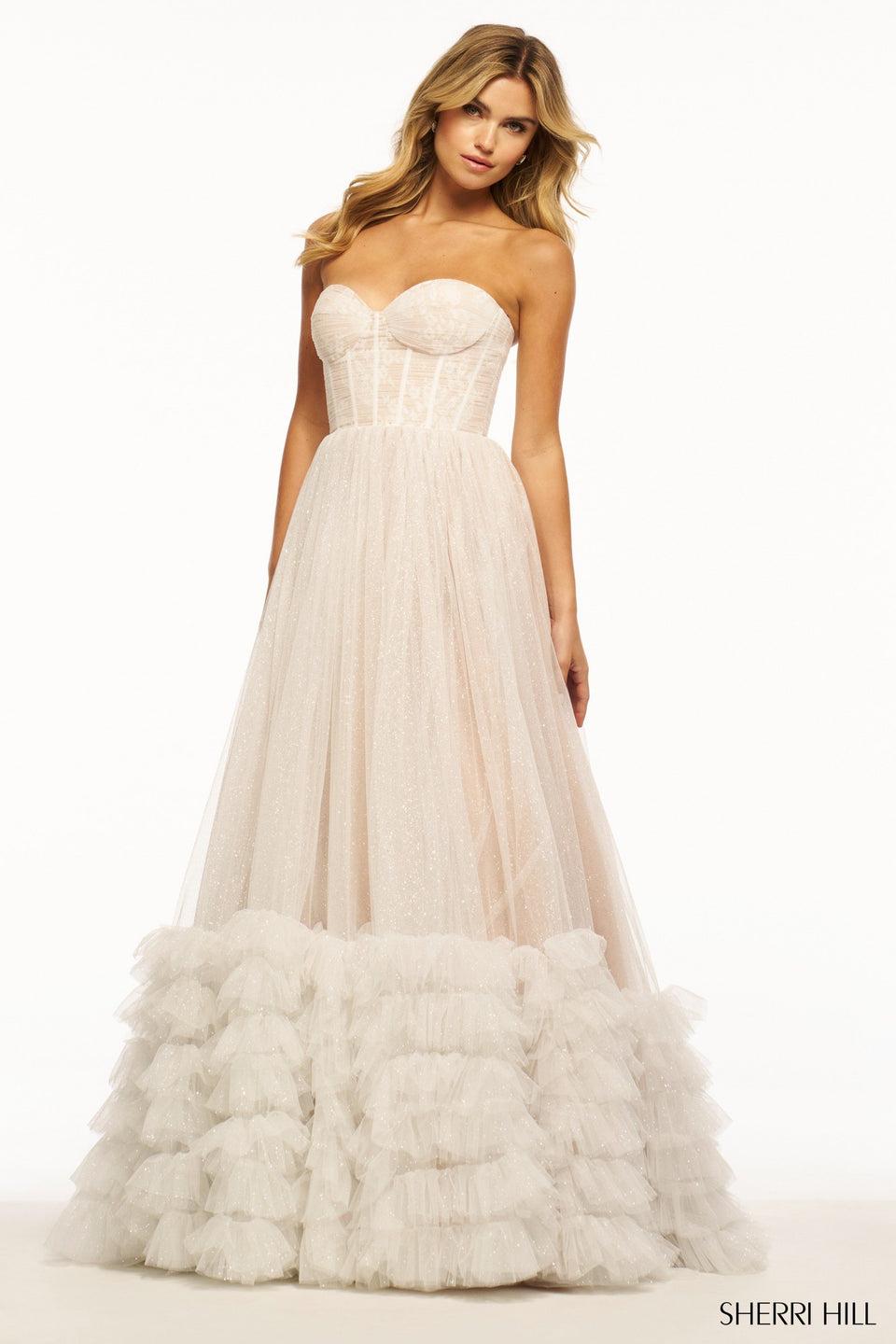 Sherri Hill Strapless Ballgown With Corset Top And Ruffle Embellished Skirt