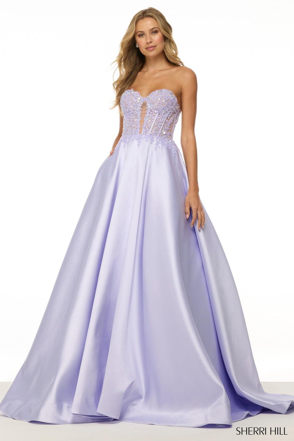 Sherri Hill Strapless Ballgown With Lace Corset Bodice And Keyhole