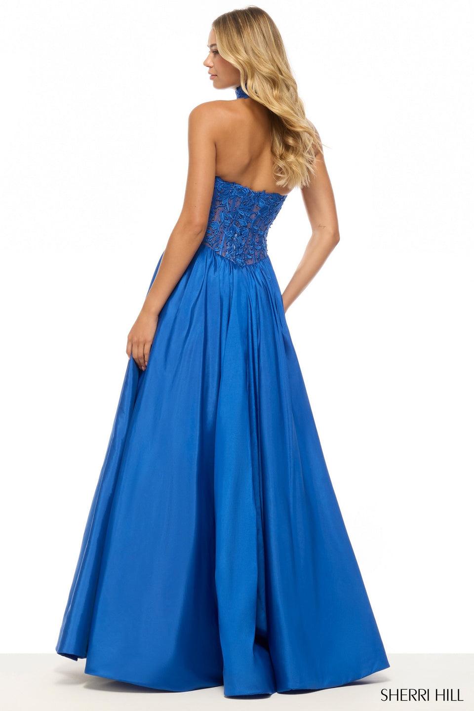 Sherri Hill Strapless Ballgown With Leaf Lace Corset Top Taffeta Skirt And A Choker