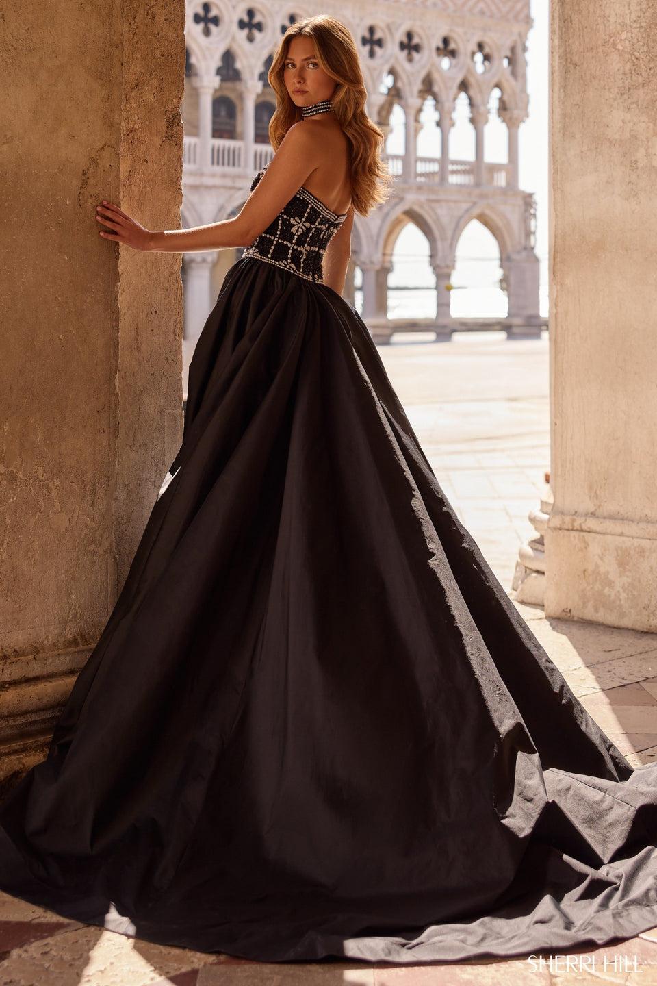 Sherri Hill Strapless Ballgown With Pearl Embellished Bodice And A Choker