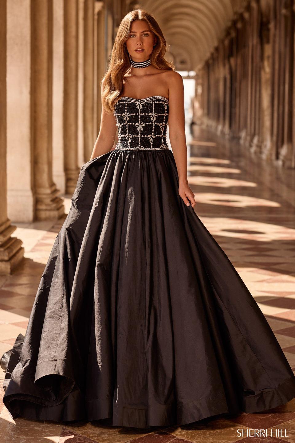 sherri hill Strapless ballgown with pearl embellished bodice and a choker sherri hill Strapless ballgown with pearl embellished bodice and a choker