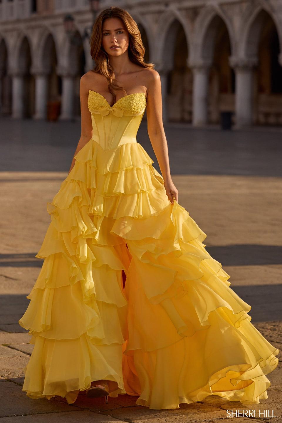 Sherri Hill Strapless Ballgown With Silk Corset Bodice Chiffon Ruffle Skirt Bow And Skirt Slit
