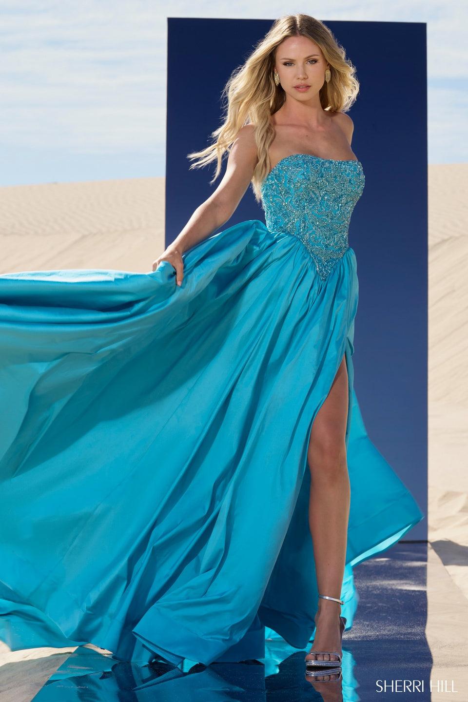 Sherri Hill Strapless Beaded Basque Waist Ball Gown With Taffeta Skirt Slit