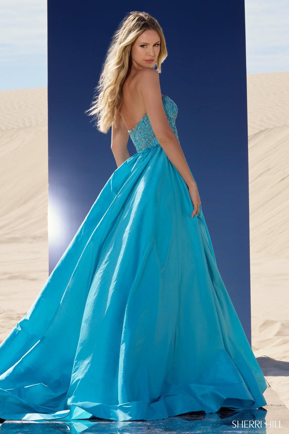 Sherri Hill Strapless Beaded Basque Waist Ball Gown With Taffeta Skirt Slit