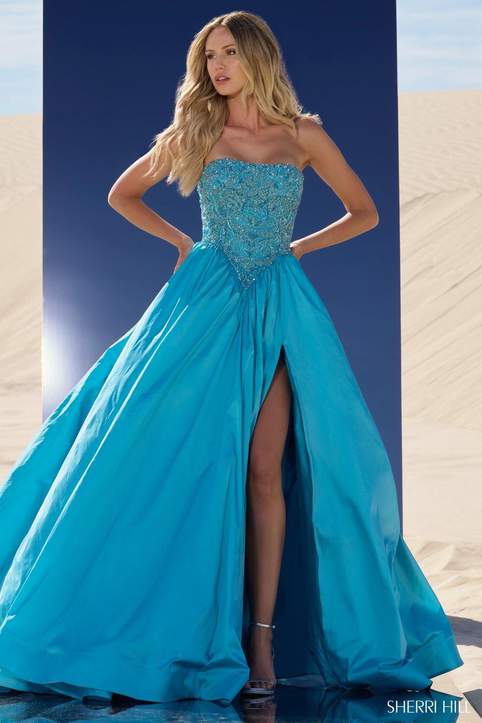 sherri hill Strapless beaded basque waist ball gown with taffeta skirt slit