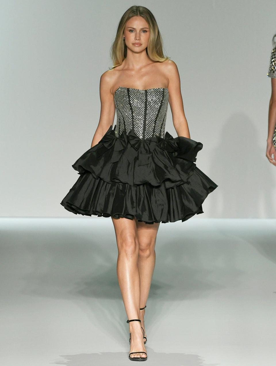 Sherri Hill Strapless Beaded Corset Cocktail Gown With Ruffle Taffeta Skirt
