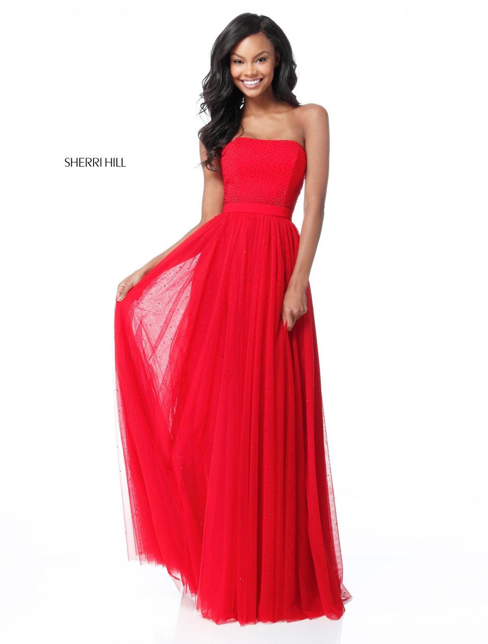 sherri hill Strapless beaded jersey bodice with tulle skirt