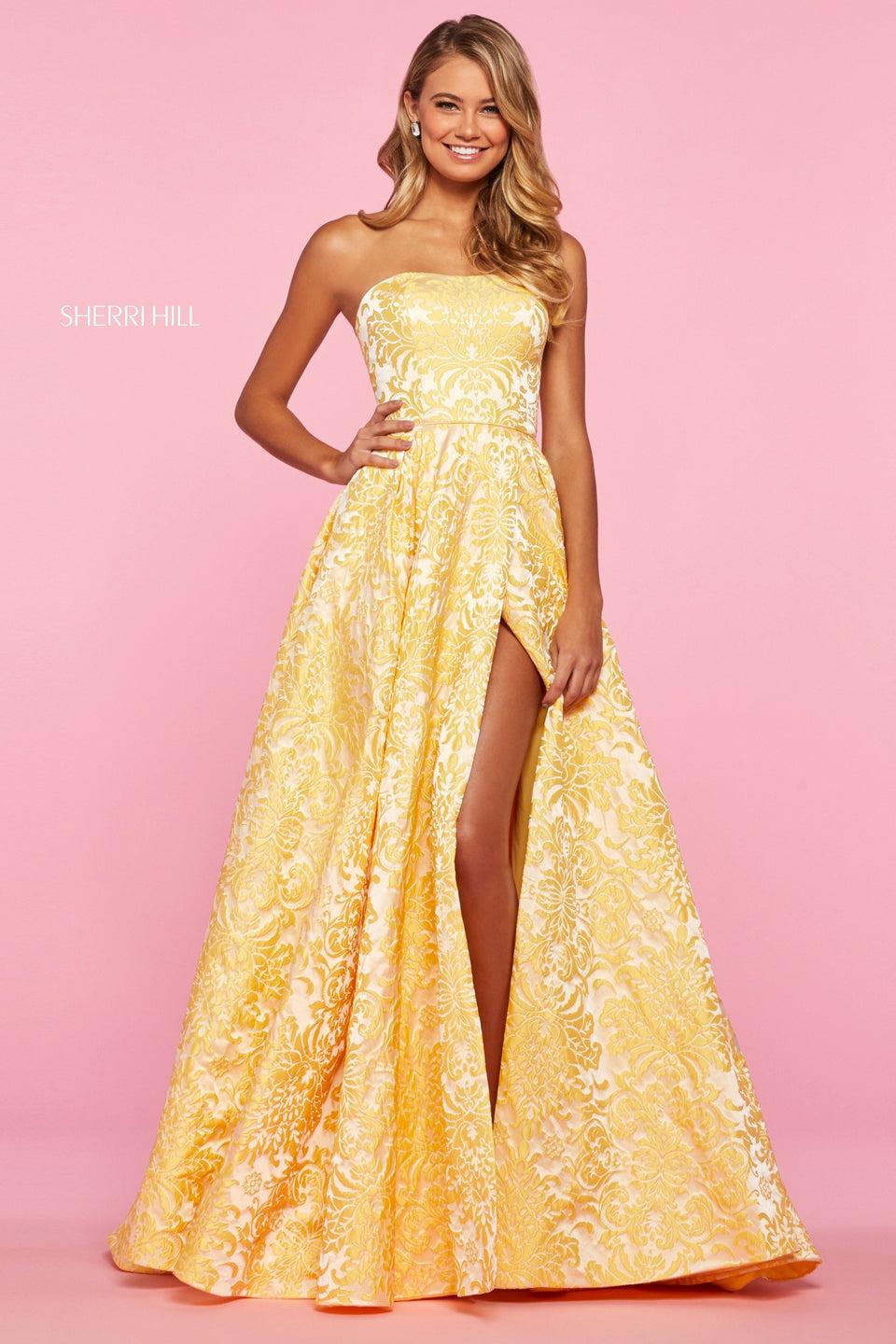 Sherri Hill Strapless Brocade A-line Dress With High Slit And Lace Up Back