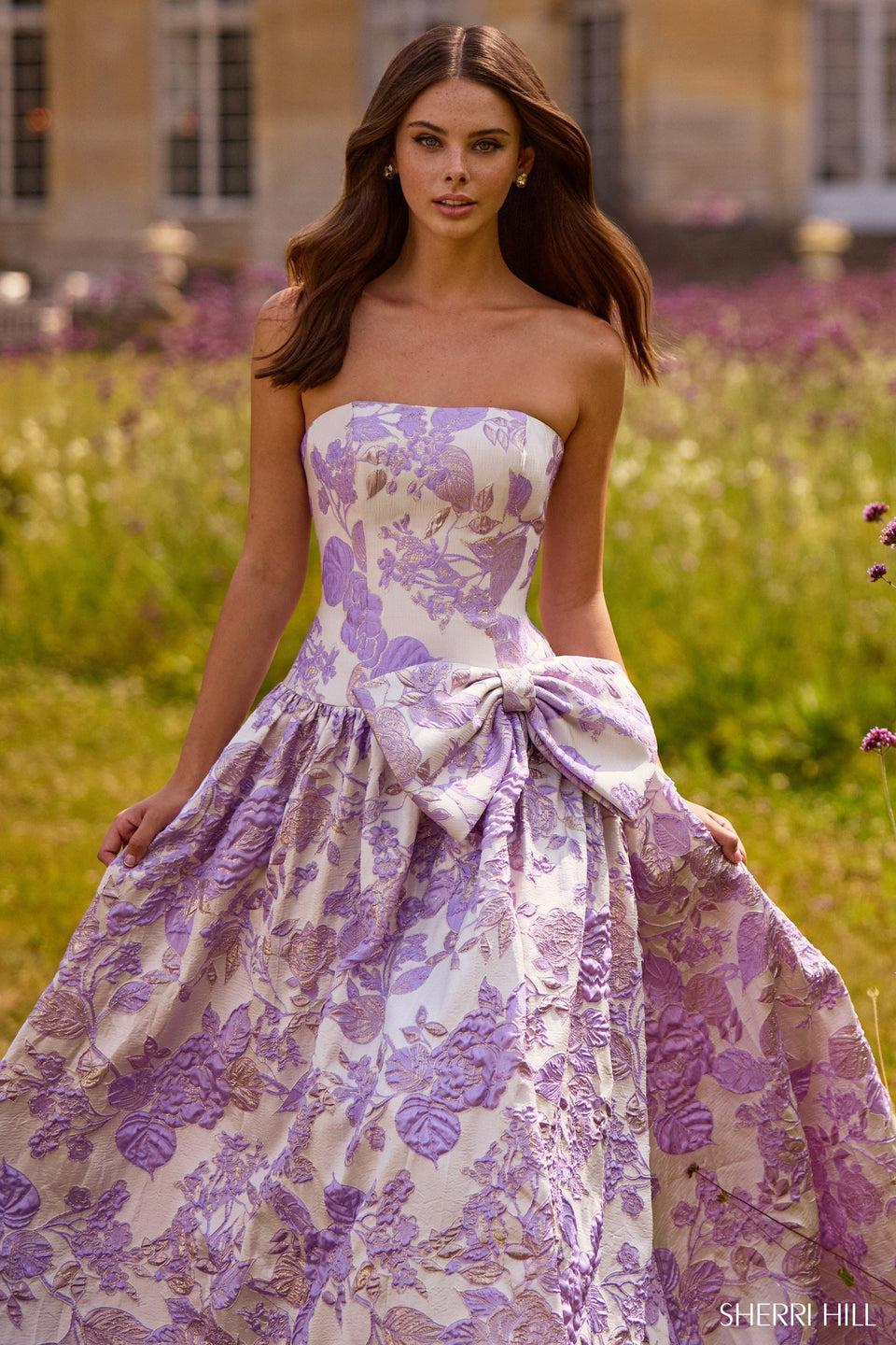 Sherri Hill Strapless Brocade Ballgown With Bow On Waist