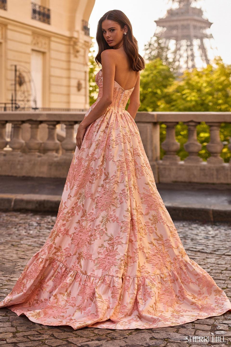 Sherri Hill Strapless Brocade Ballgown With Corset Bodice