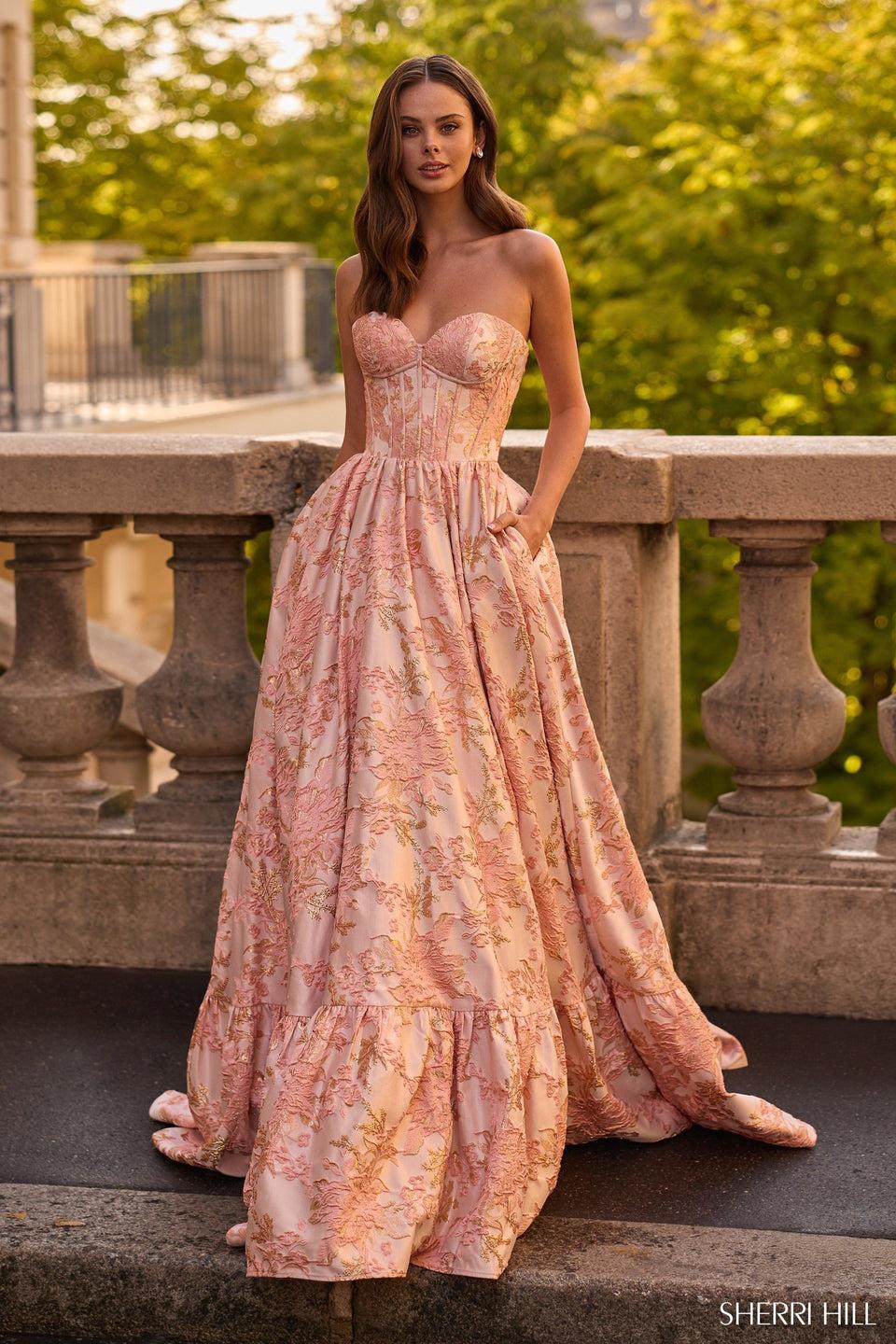 sherri hill Strapless brocade ballgown with corset bodice