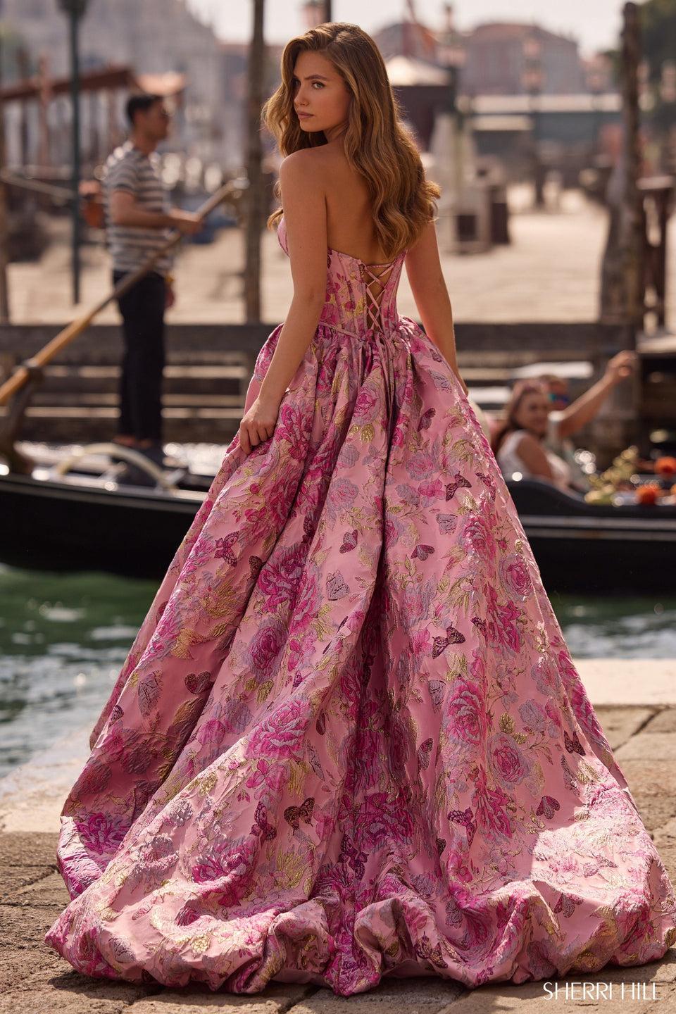 Sherri Hill Strapless Brocade Ballgown With Corset Bodice And Lace Up Back